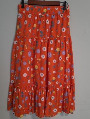 Ann Taylor Bright Orange Floral Tiered Maxi Skirt
